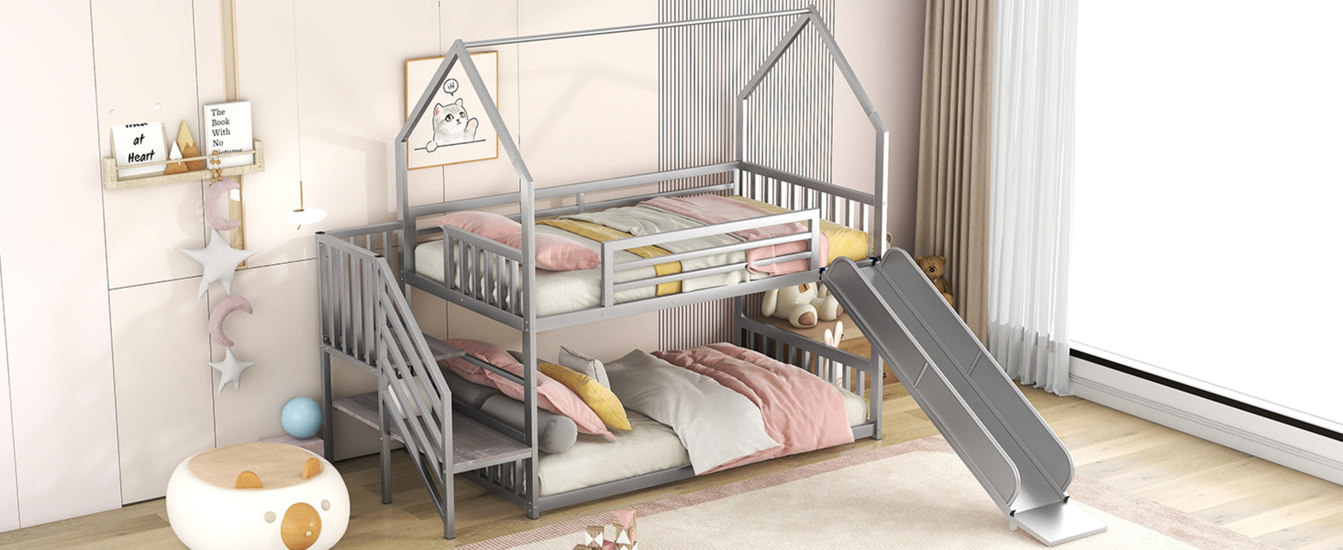 Twin over twin house bunk bed with slide and storage stairs, ideal for kids' bedrooms, featuring a playful design and space-saving features.