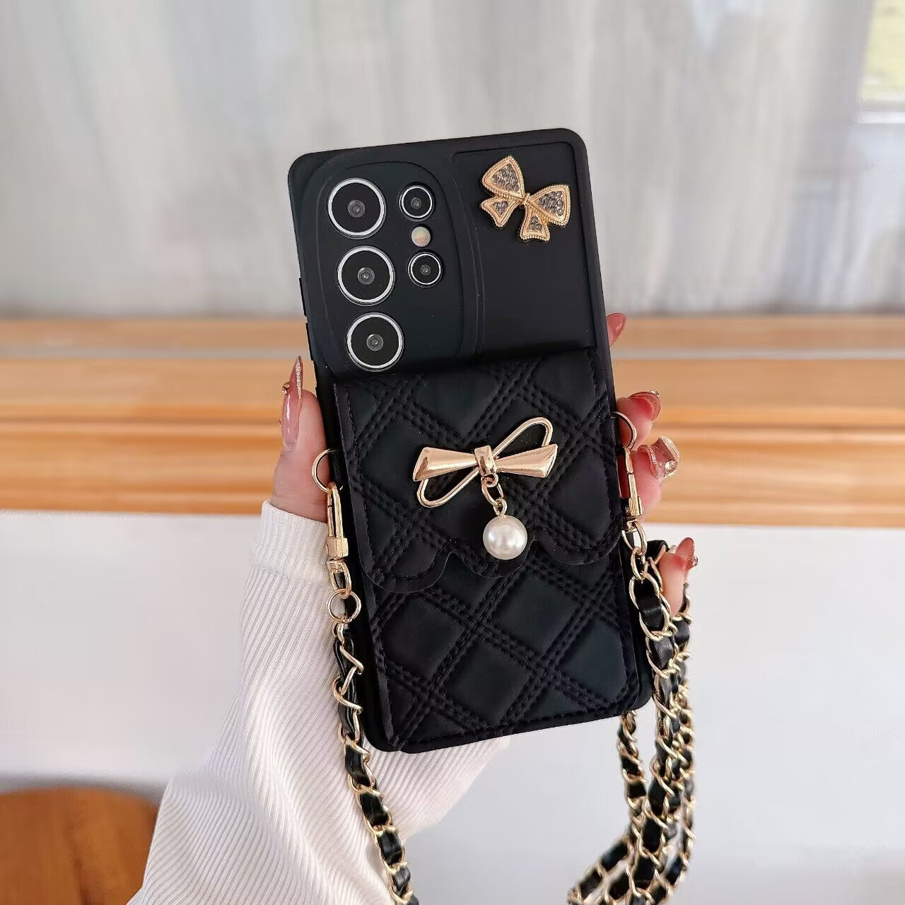 Applicable To S25Ultra Phone Case Pearl Butterfly Rhombus Card Holder Phone Case null