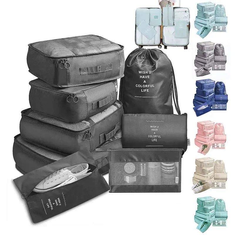 8-piece luggage divider bag set with travel storage organizers in various colors.
