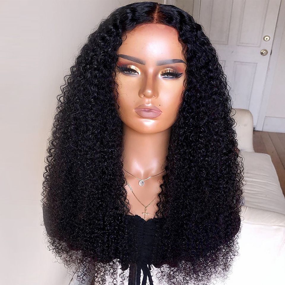 Density Long Kinky Curly Wig Lace Front Human Hair Fluffy null