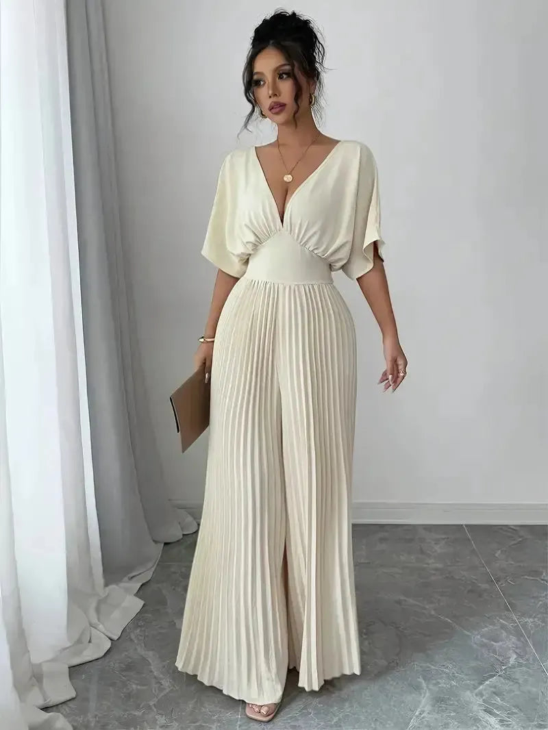 Elegant and comfortable cream-colored dress jumpsuit for women.