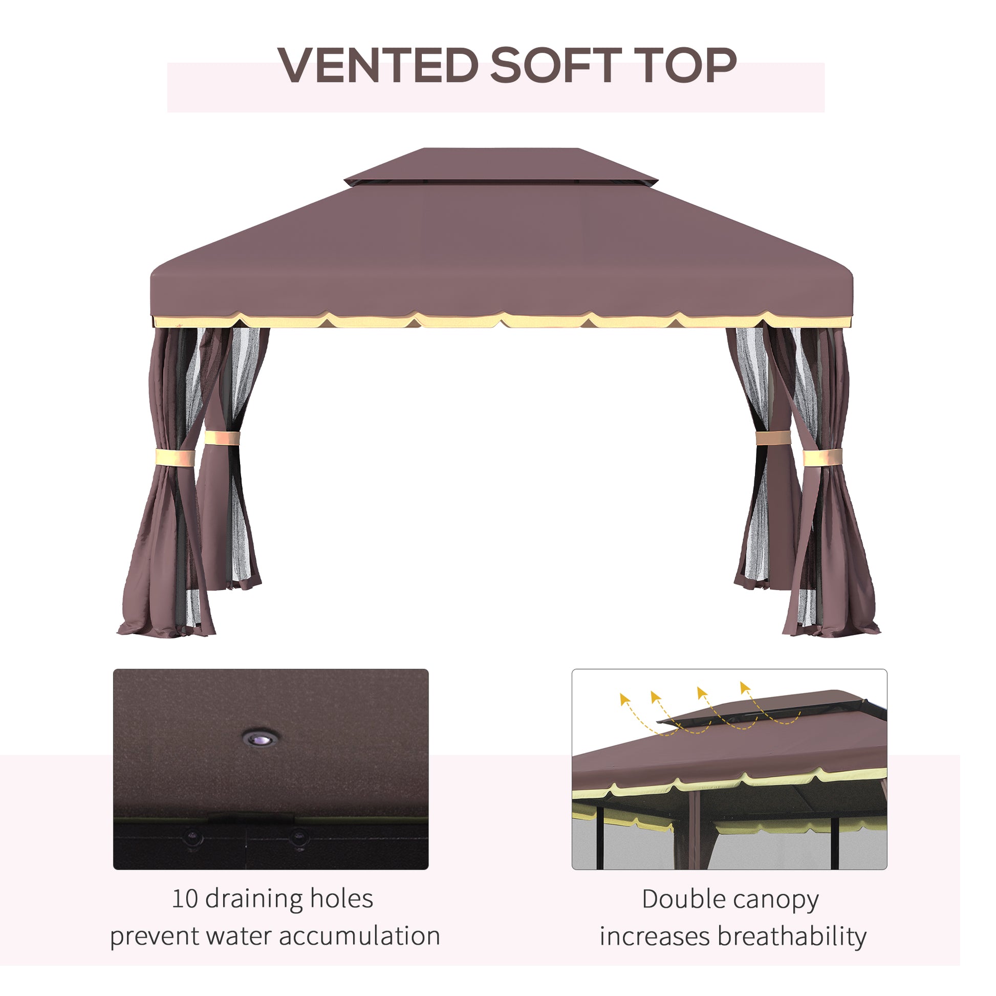 Aluminum 10x13 gazebo patio canopy with double roof, netting, and curtains for outdoor shelter and shade.