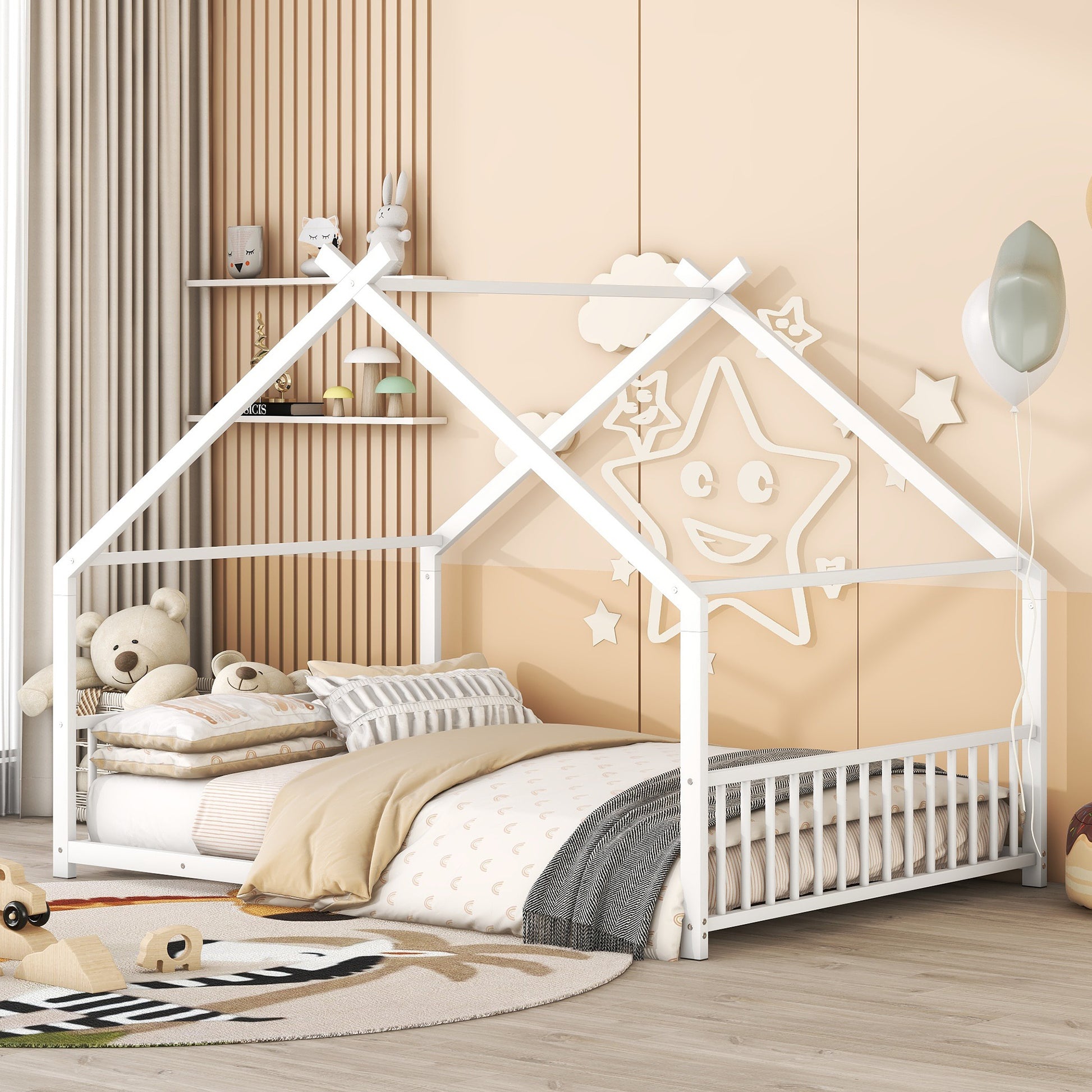 Twin Montessori Teepee House Bed with wooden frame and fabric tent, perfect for a cozy children's bedroom or play area.