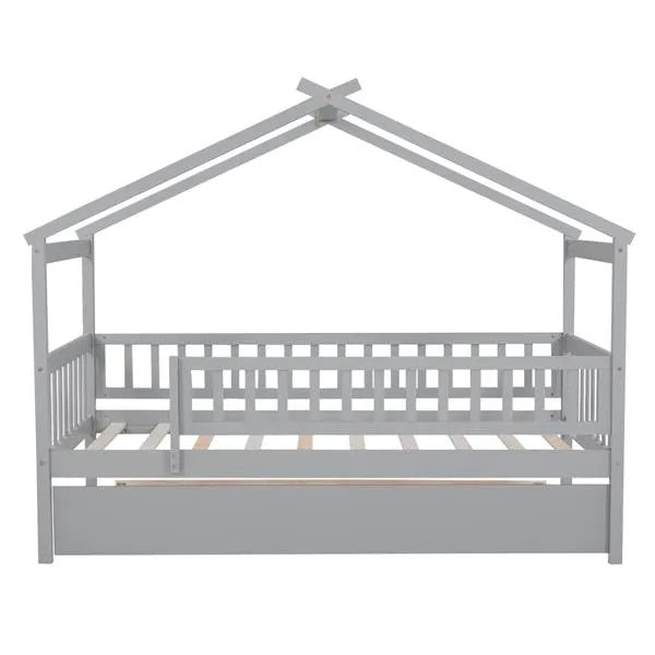 Twin size wooden house bed with built-in trundle, featuring a cozy house-shaped design, ideal for kids' bedrooms.