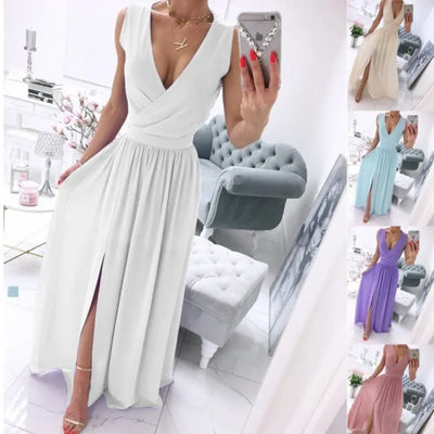 Women's summer sleeveless solid color V-neck dress with front split in various colors displayed in a modern interior.