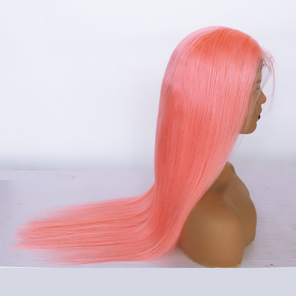 Human Hair 13x4 Front Lace Light Pink Straight Stripe Wig Headband null