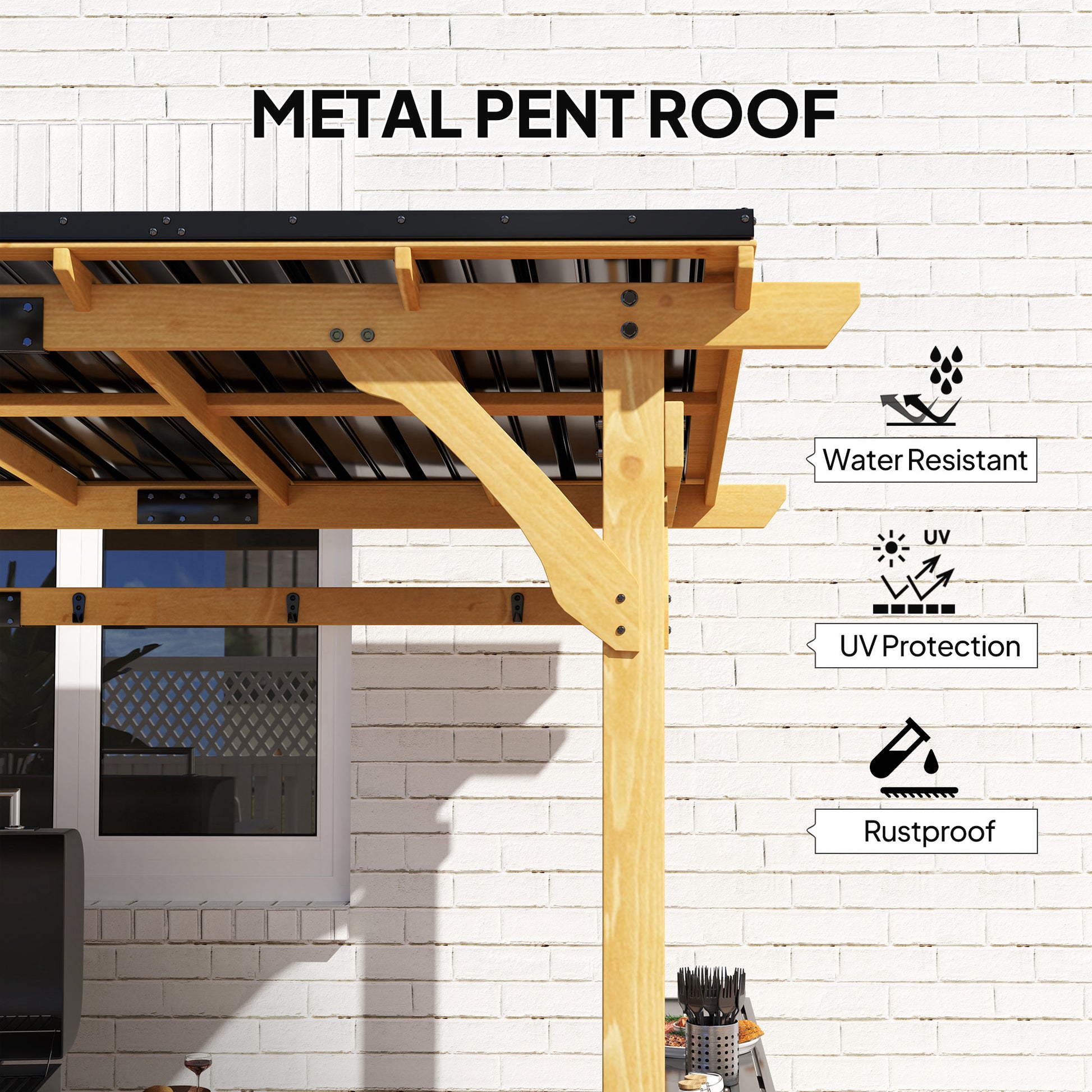 13' x 6' Wooden BBQ Grill Gazebo, Outdoor Hardtop Grill Gazebo with Metal Roof, 2 Bar Shelves and 6 Hooks, Natural - Morderncharm store