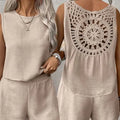 Women’s casual summer sleeveless jumpsuit with intricate back design, 100% polyester, solid color.