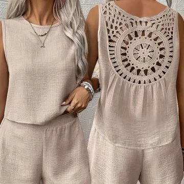 Women’s casual summer sleeveless jumpsuit with intricate back design, 100% polyester, solid color.