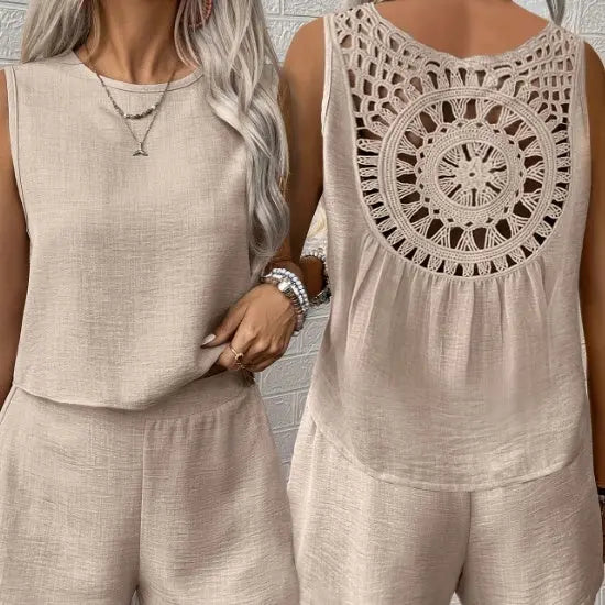 Women’s casual summer sleeveless jumpsuit with intricate back design, 100% polyester, solid color.