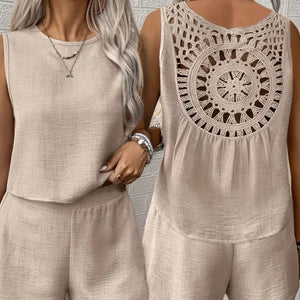 Women’s casual summer sleeveless jumpsuit with intricate back design, 100% polyester, solid color.