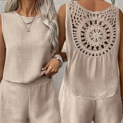 Women’s casual summer sleeveless jumpsuit with intricate back design, 100% polyester, solid color.
