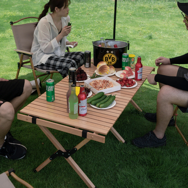 Outdoor Solid Wood Beech Egg Roll Table Camping Folding Table null