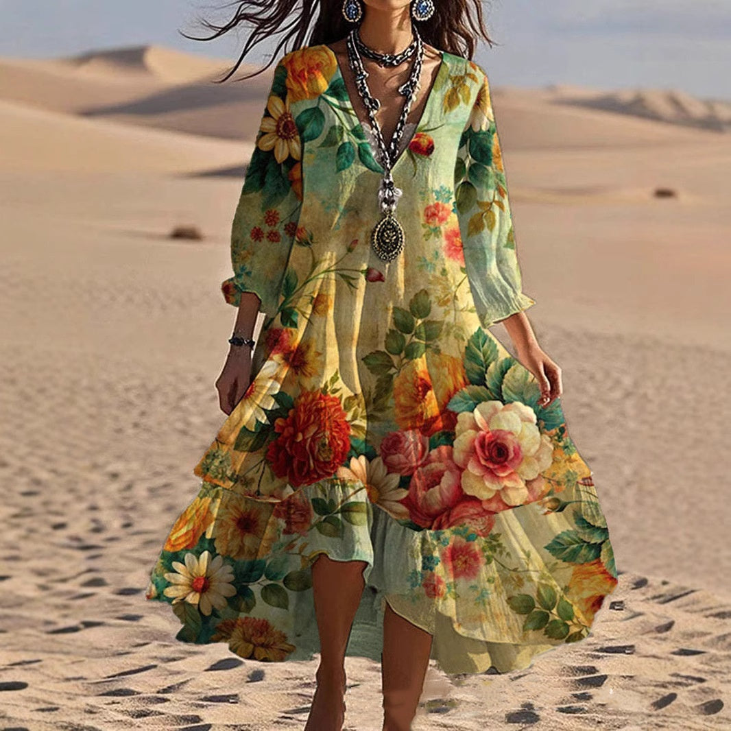Fashion Flower Printed V-neck Mid-length Dress null