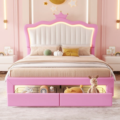 Princess Crown LED Bed with illuminated crown headboard, plush bedding, and whimsical design for a child's bedroom.