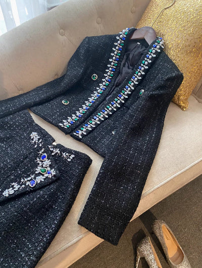 Diamond Blue And Fruit Collar Short Tweed Coat Short Skirt null