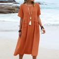 Women's Summer Loose Casual Midi Dress Breathable Cotton Linen Short-sleeve Mid-length Dresses Women Simple Beach Dress null