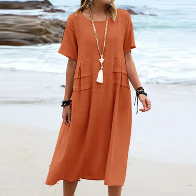 Women's Summer Loose Casual Midi Dress Breathable Cotton Linen Short-sleeve Mid-length Dresses Women Simple Beach Dress null