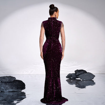 Long Sleeve Square-neck Banquet Sequined Rhinestone Fishtail Dress null