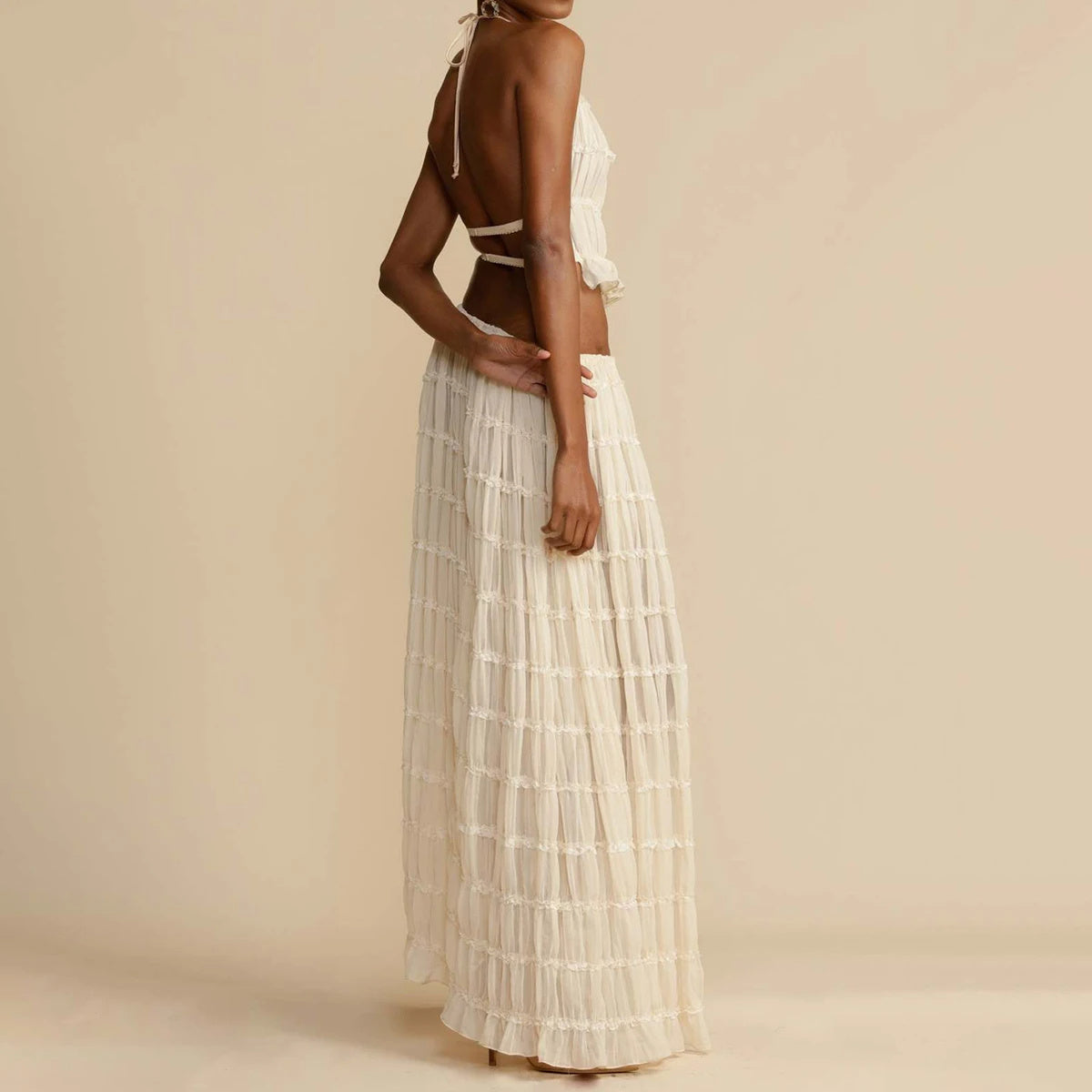 2pcs Women's Dress Suit Sexy Sleeveless Backless Cropped Halter Top And Pleated Long Skirt Beach Clothing null