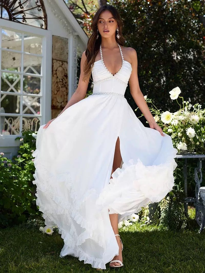 Women's French Romantic Strap Halter White Dress null