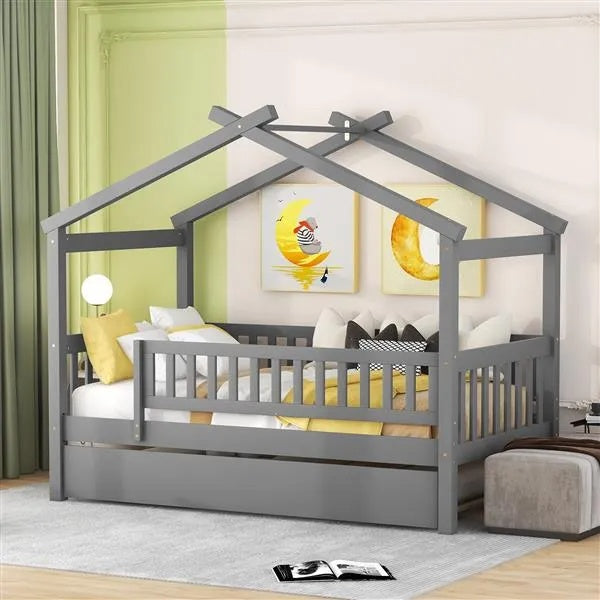 Twin size wooden house bed with built-in trundle, featuring a cozy house-shaped frame and sturdy wooden construction.