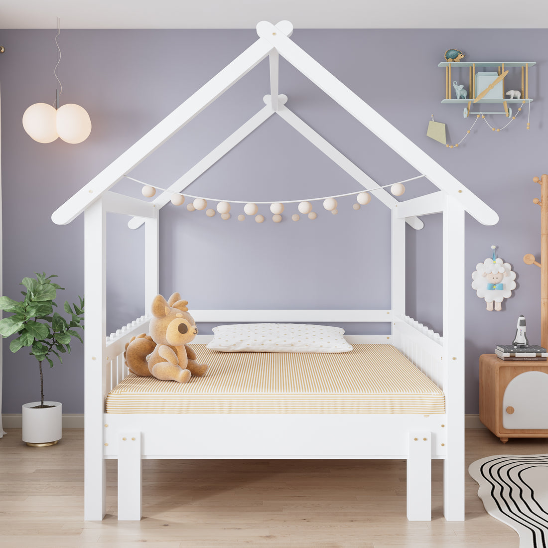 Wooden Bed, Pull Out Bed, 3ft Single Bed 90x190cm, Exquisite Safety Guardrails, Aesthetic Roof Design,  Pine MDF Plywood, White - Morderncharm store