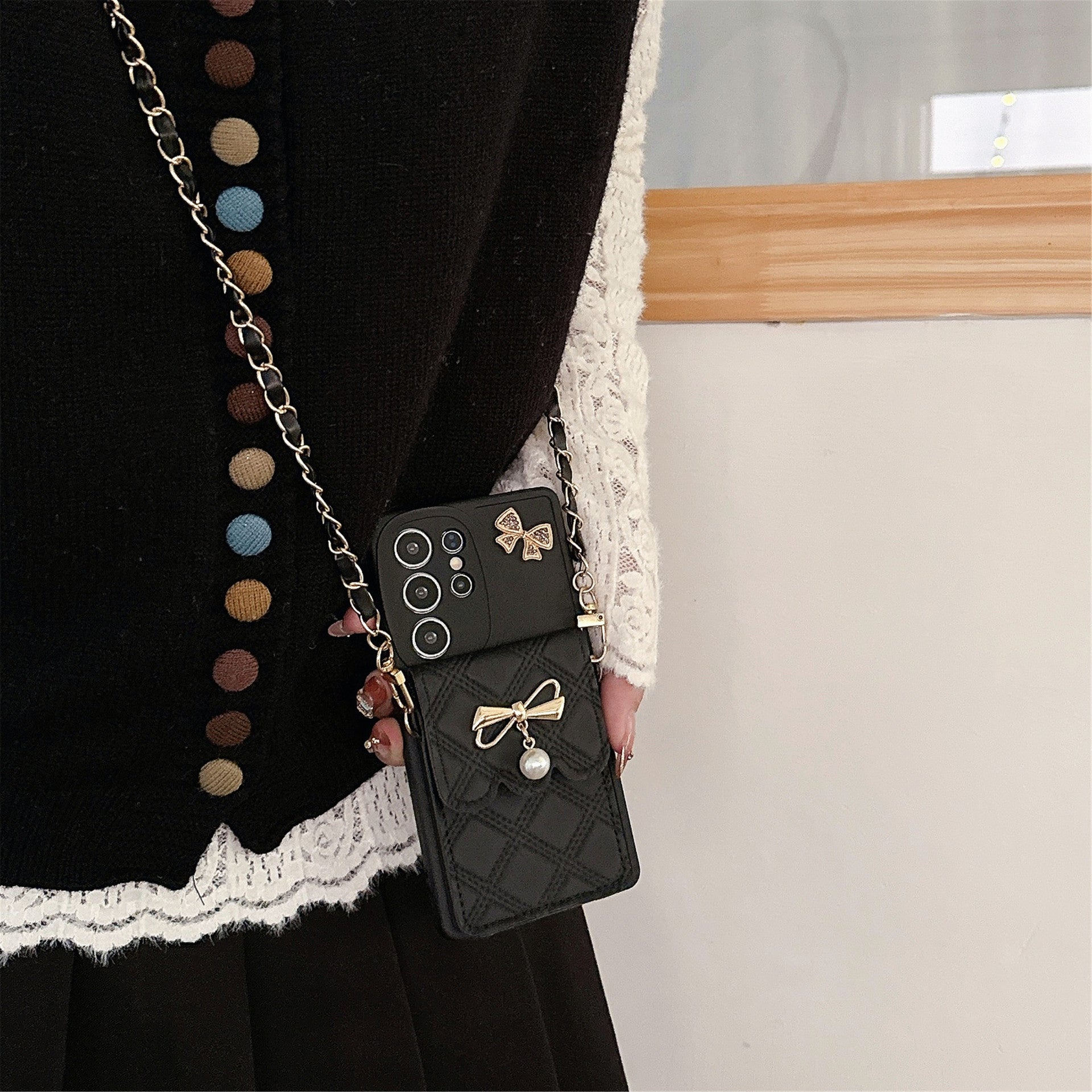 Applicable To S25Ultra Phone Case Pearl Butterfly Rhombus Card Holder Phone Case null