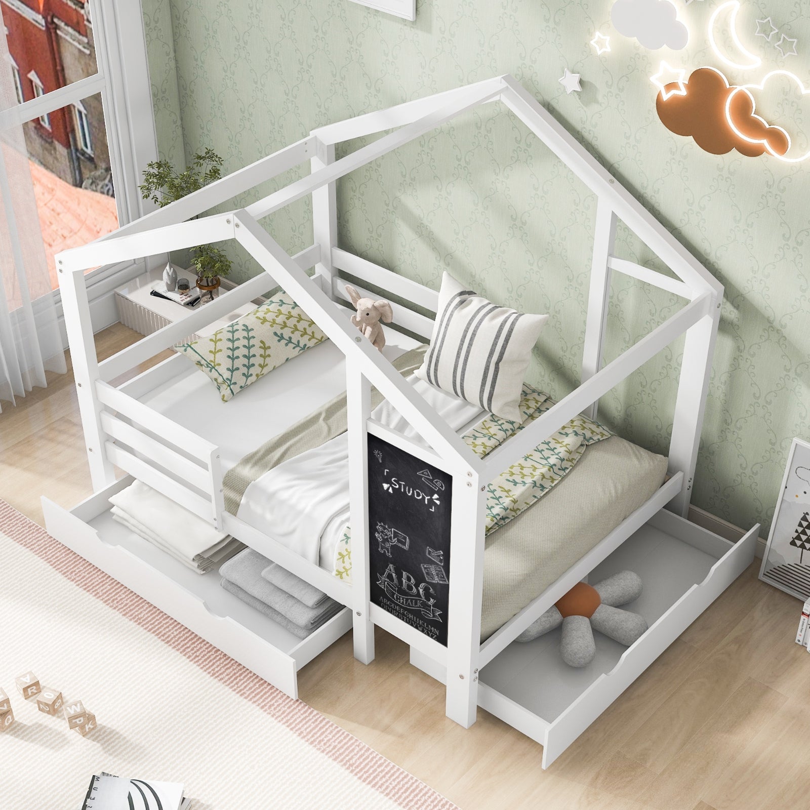Twin house bed with built-in chalkboard, featuring a cozy wooden frame and playful design for kids' bedroom decor.