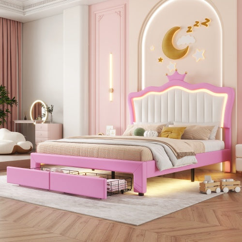 Princess crown LED bed with illuminated crown headboard, showcasing a whimsical, fairy-tale-inspired bedroom decor piece.
