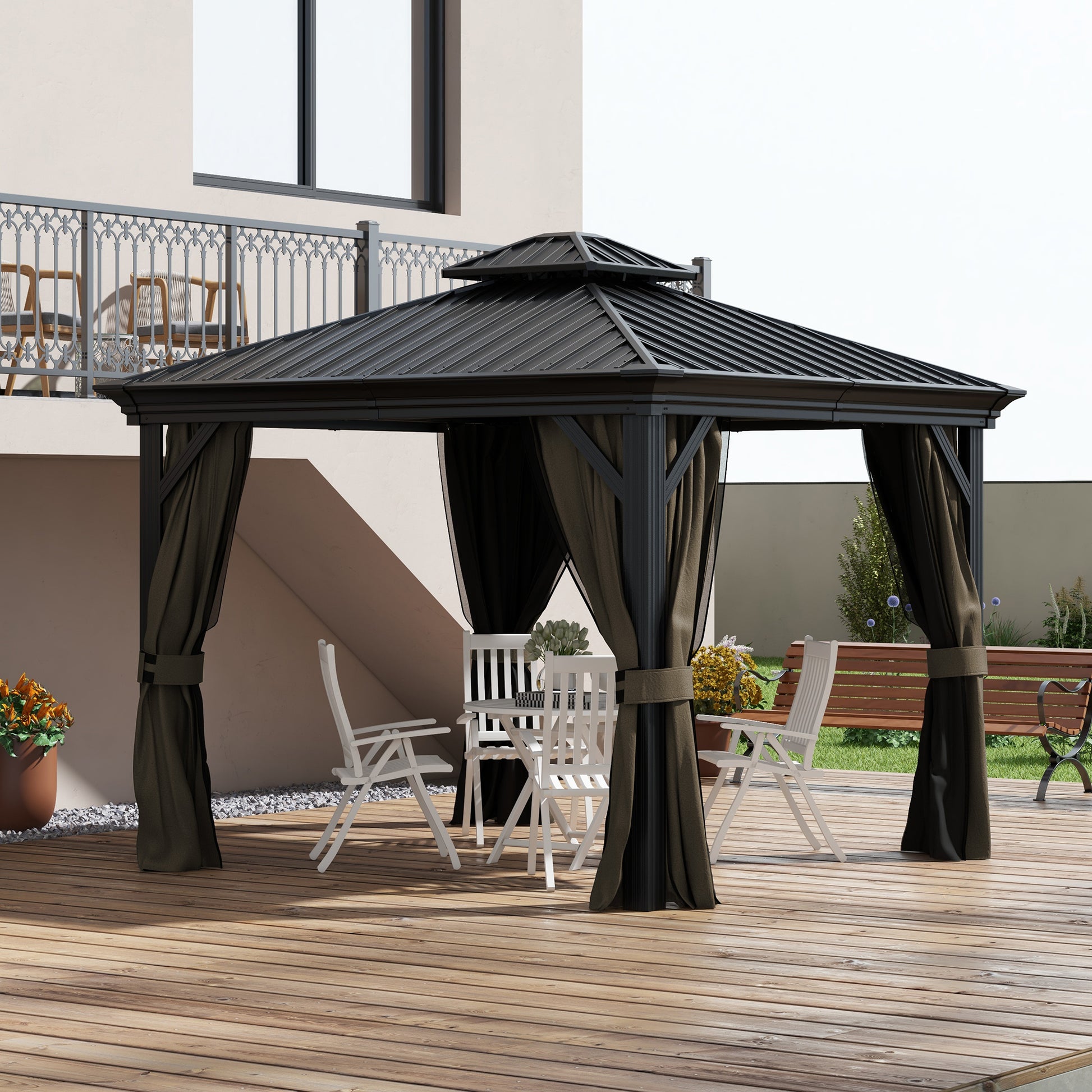 10' x 10' Hardtop Gazebo, Pavilion Gazebo with Curtains, Nettings, Aluminum Frame, Hooks, for Garden, Patio, Dark Brown - Morderncharm store