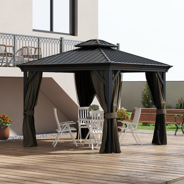 10' x 10' Hardtop Gazebo, Pavilion Gazebo with Curtains, Nettings, Aluminum Frame, Hooks, for Garden, Patio, Dark Brown - Morderncharm store