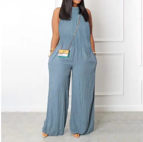 Women's wide-leg sleeveless jumpsuit in light blue.