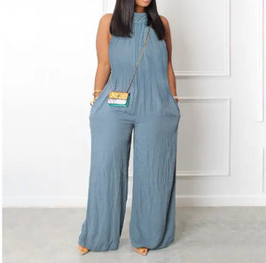Women's wide-leg sleeveless jumpsuit in light blue.