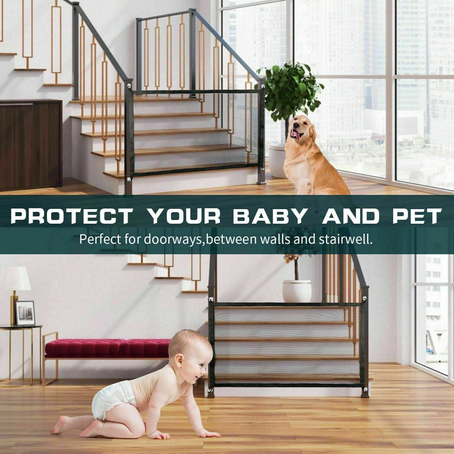 Pets Dog Cat Baby Safety Gate Mesh Fence Magic Portable Guard Net Stairs Doors null
