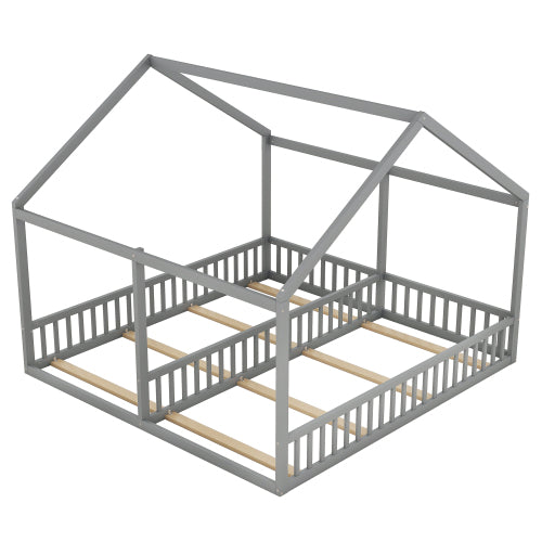 Twin Size Double Montessori House Bed with Shared Guardrails - Morderncharm store
