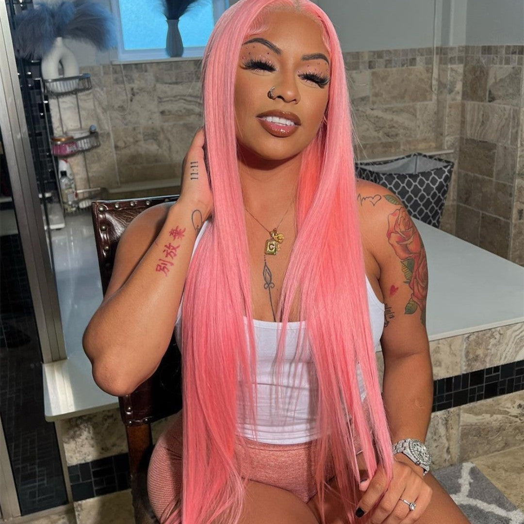 Human Hair 13x4 Front Lace Light Pink Straight Stripe Wig Headband null