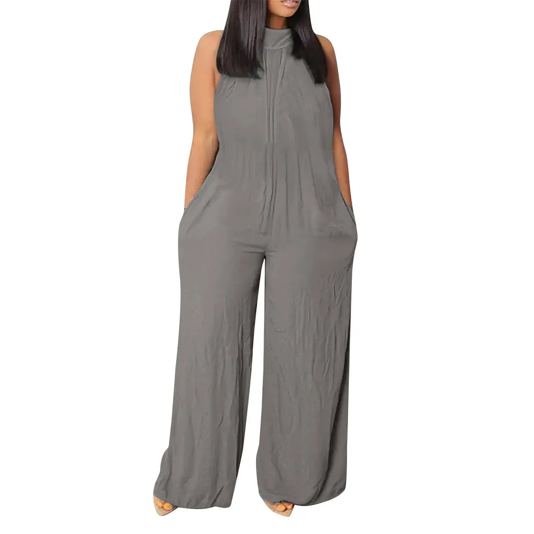 Women's wide-leg sleeveless jumpsuit in light blue.