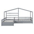 Twin size house platform bed in gray with three built-in storage drawers, featuring a cozy house-shaped headboard design.