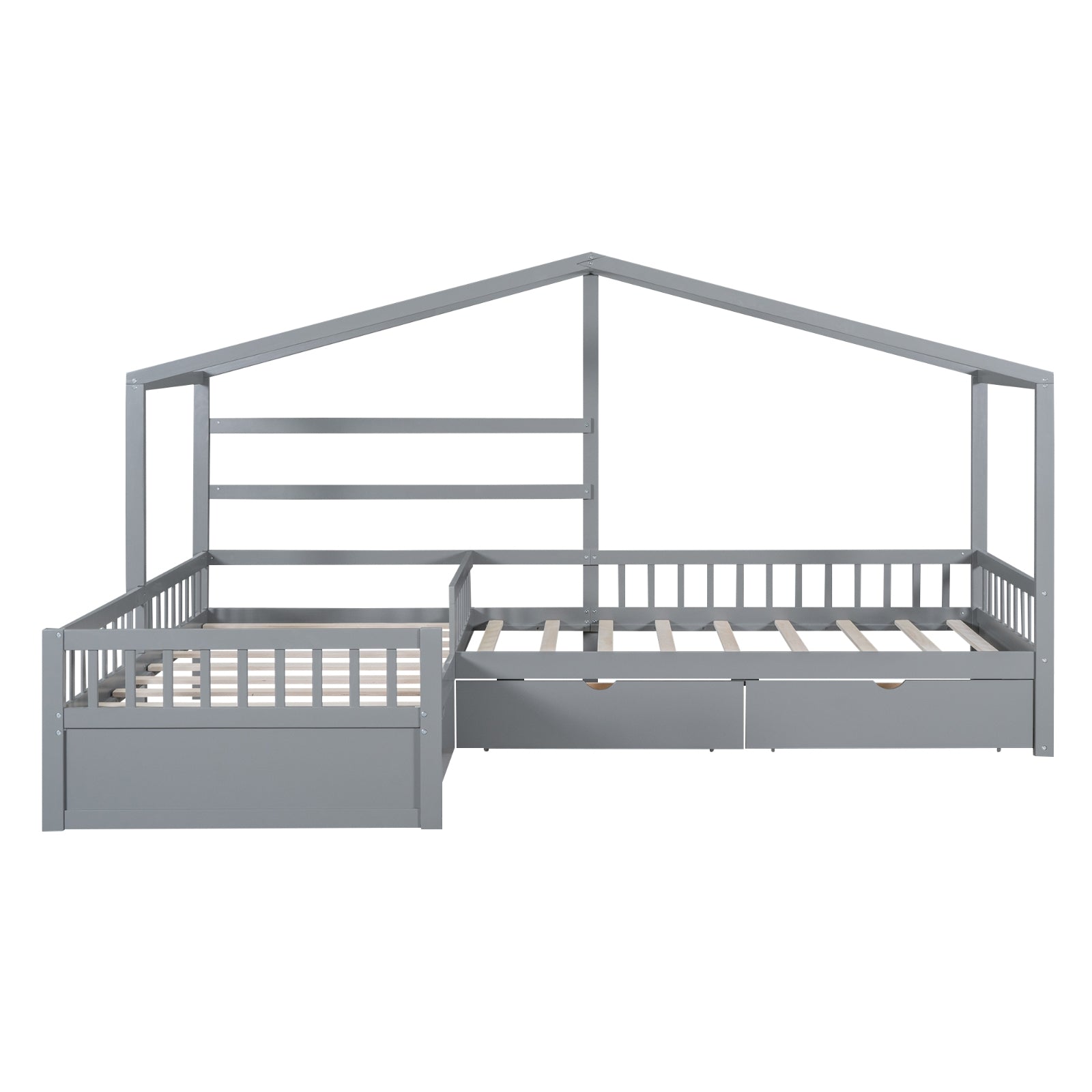 Twin size house platform bed in gray with three built-in storage drawers, featuring a cozy house-shaped headboard design.