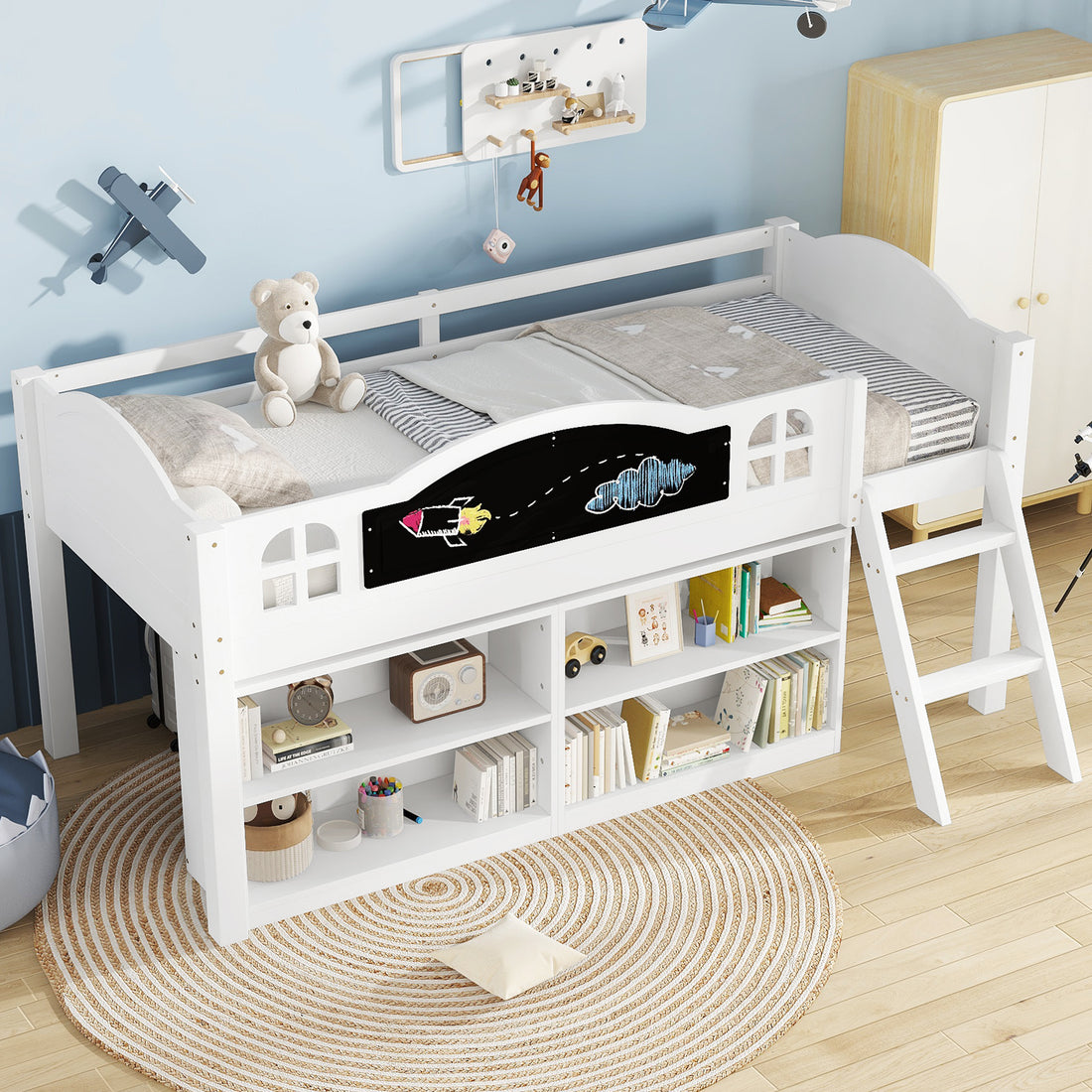 Wooden Bed, Storage Bed, Includes A Blackboard For Graffiti, 3ft Single Bed 90x190cm, Two-step Inclined Staircase, Includes Storage Cabinets, Pine-MDF-PB-Plywood, White - Morderncharm store
