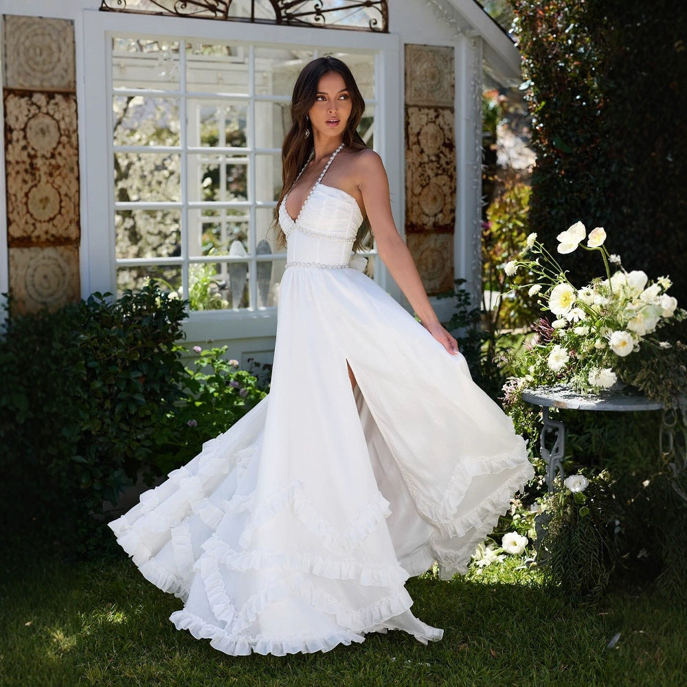 Women's French Romantic Strap Halter White Dress null