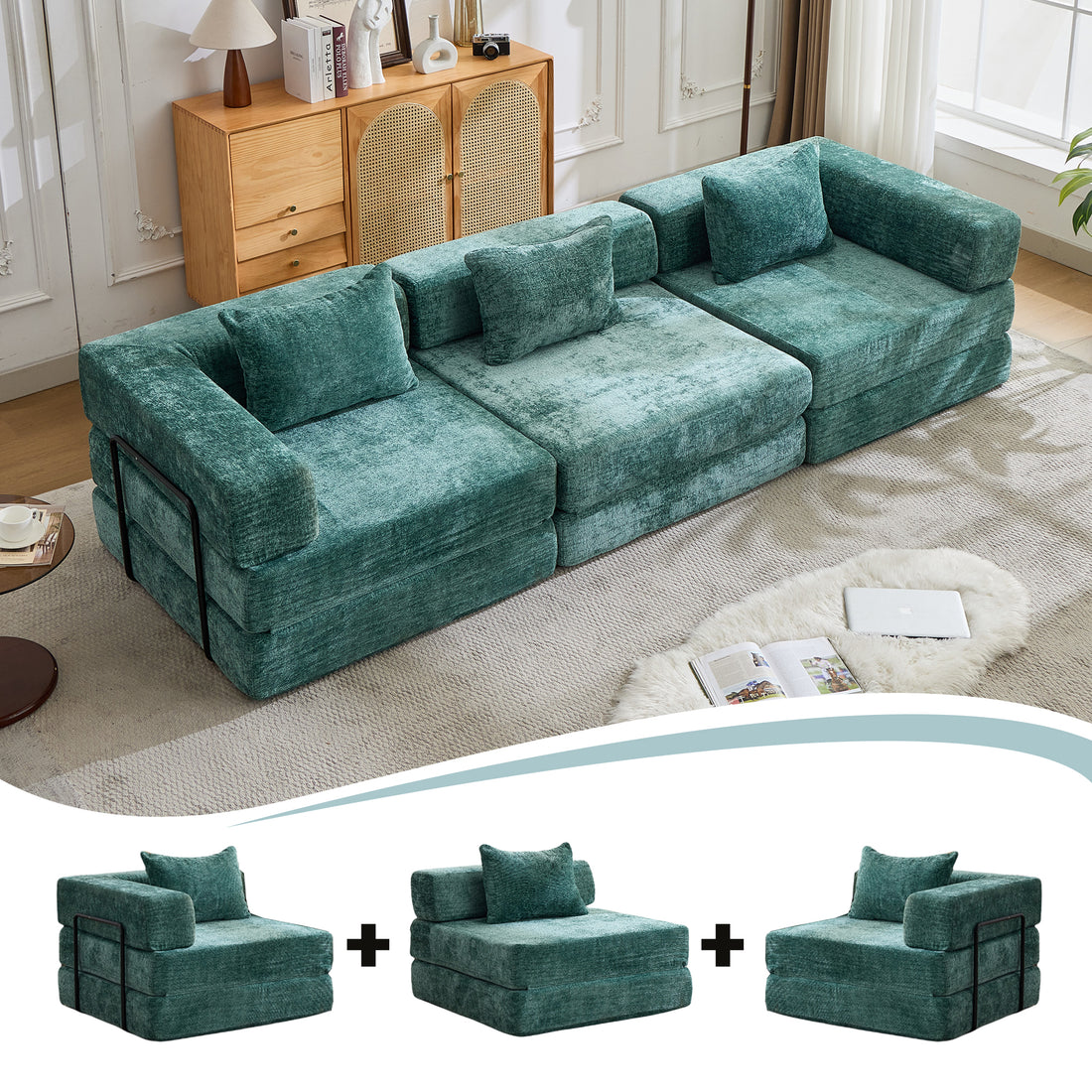 Compression Sofa,Convertible Floor Sofa Bed With Fixed-Shape Frame, Boneless Modular Sectional Sofa,No Assembly Required,Chenille Fabric,for Living Room Bedroom,Dark Green - Morderncharm store