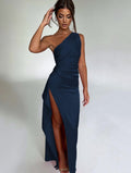 Sexy One-shoulder Backless Slit Dress Summer Elegant Slim-fit Solid Color Satin Dresses For Women null