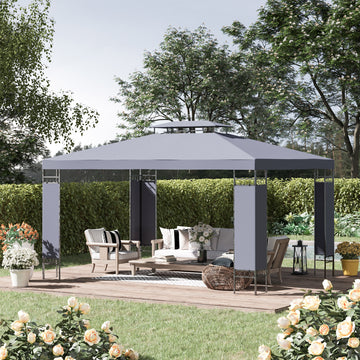  10' x 13' Patio Gazebo, Double Roof Outdoor Gazebo Canopy Shelter with Screen Decorate Corner Frame, for Garden, Lawn, Backyard and Deck, Gray