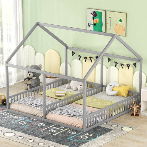 Twin Size Double Montessori House Bed with Shared Guardrails - Morderncharm store