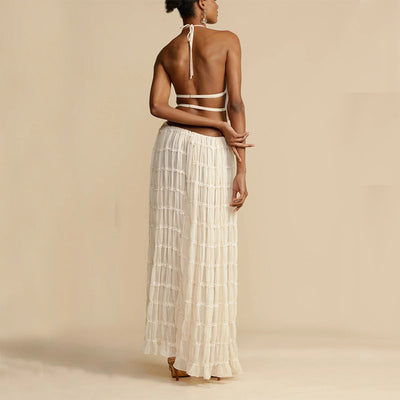 2pcs Women's Dress Suit Sexy Sleeveless Backless Cropped Halter Top And Pleated Long Skirt Beach Clothing null
