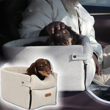 Luxury central console dog car seat with padded cushion and safety straps for secure travel in vehicles.