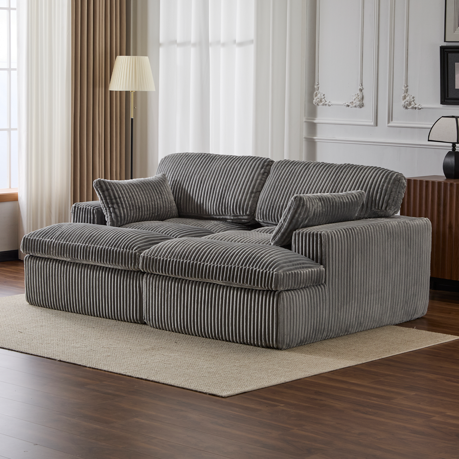 Double Chaise Lounge Chair Indoor,Oversized Upholstered Sleeper Cloud Couch,Deep Seat Luxury Sofa Bed,Sectional Sofa Chaise Love-seat,Corduroy Reading Chair For Living Room,No Assembly Required,Grey - Morderncharm store