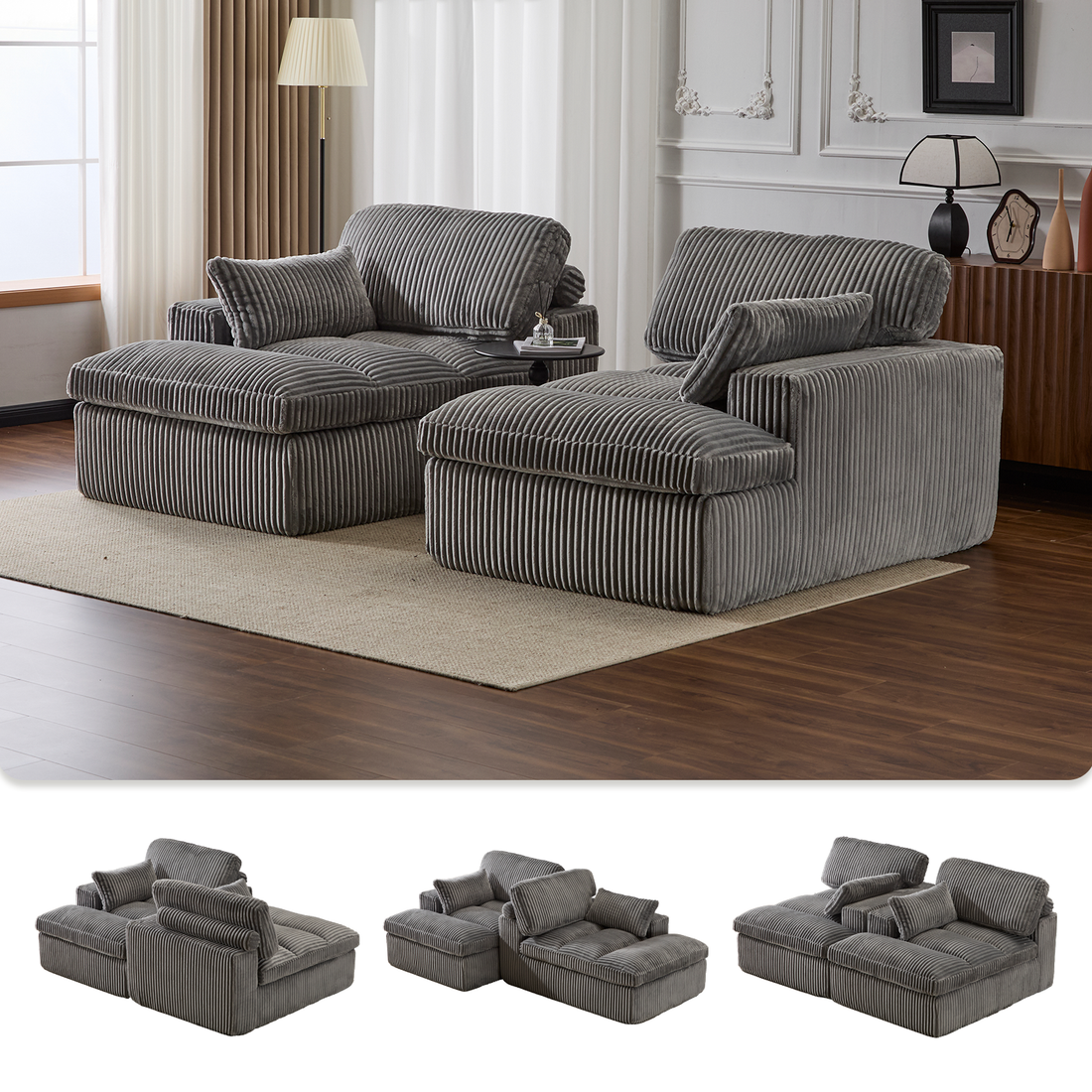 Double Chaise Lounge Chair Indoor,Oversized Upholstered Sleeper Cloud Couch,Deep Seat Luxury Sofa Bed,Sectional Sofa Chaise Love-seat,Corduroy Reading Chair For Living Room,No Assembly Required,Grey - Morderncharm store